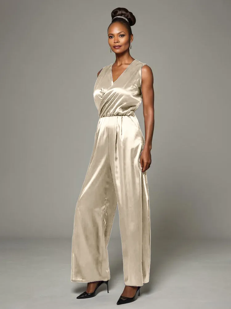 Jumpsuit/Pantsuit V-Neck Sleeveless Soft Satin Mother Of The Bride Dress Pants Suits