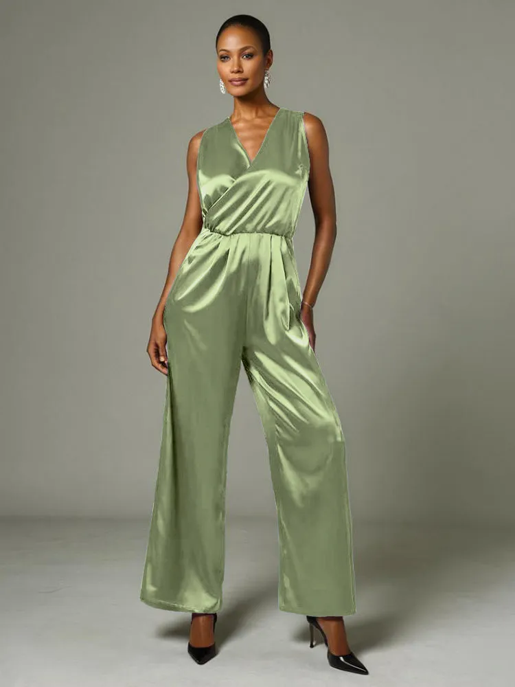 Jumpsuit/Pantsuit V-Neck Sleeveless Soft Satin Mother Of The Bride Dress Pants Suits