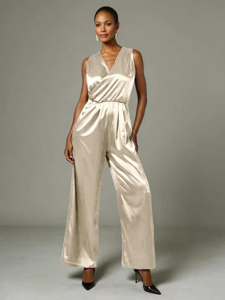 Jumpsuit/Pantsuit V-Neck Sleeveless Soft Satin Mother Of The Bride Dress Pants Suits