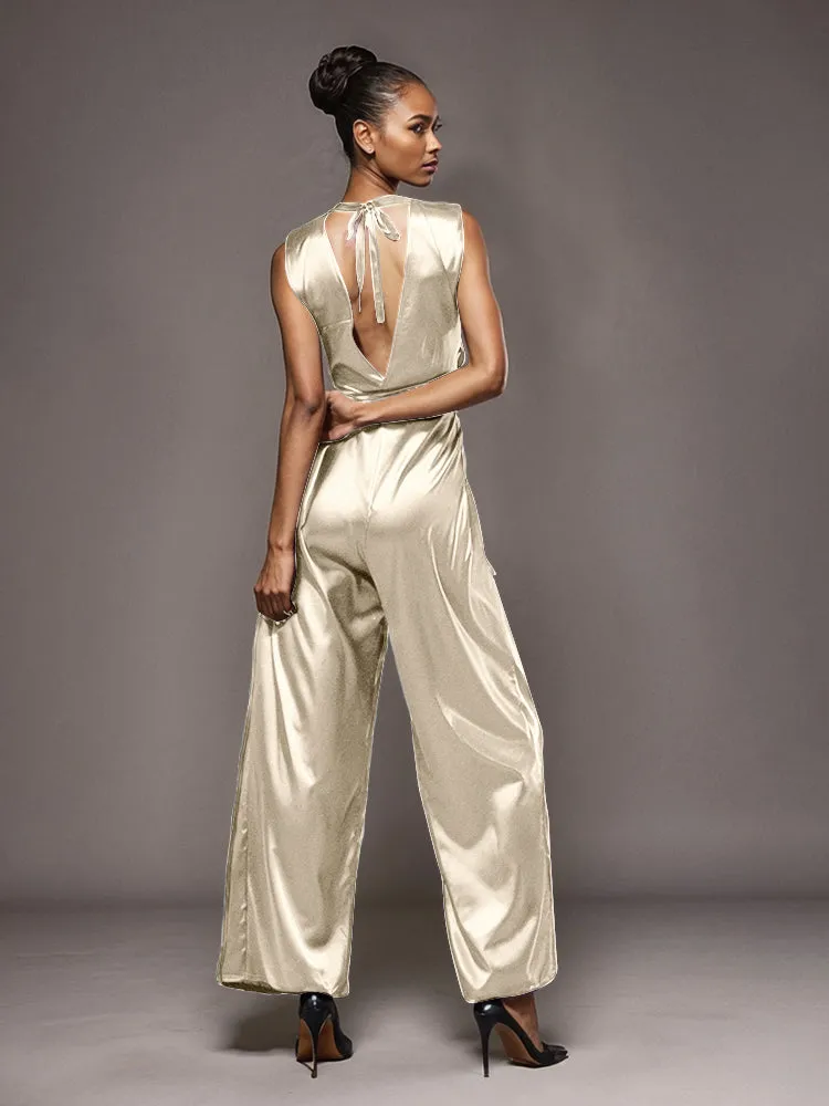 Jumpsuit/Pantsuit V-Neck Sleeveless Soft Satin Mother Of The Bride Dress Pants Suits