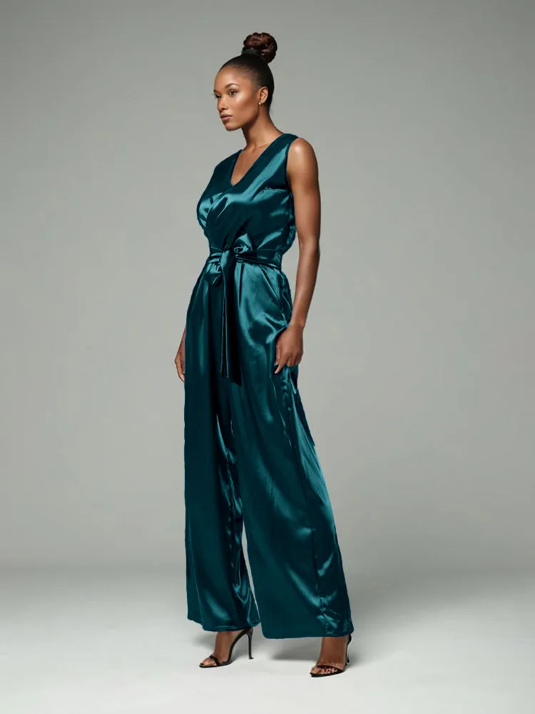 Jumpsuit/Pantsuit V-Neck Sleeveless Soft Satin Pleats Mother Of The Bride Dress Pants Suits With Belt