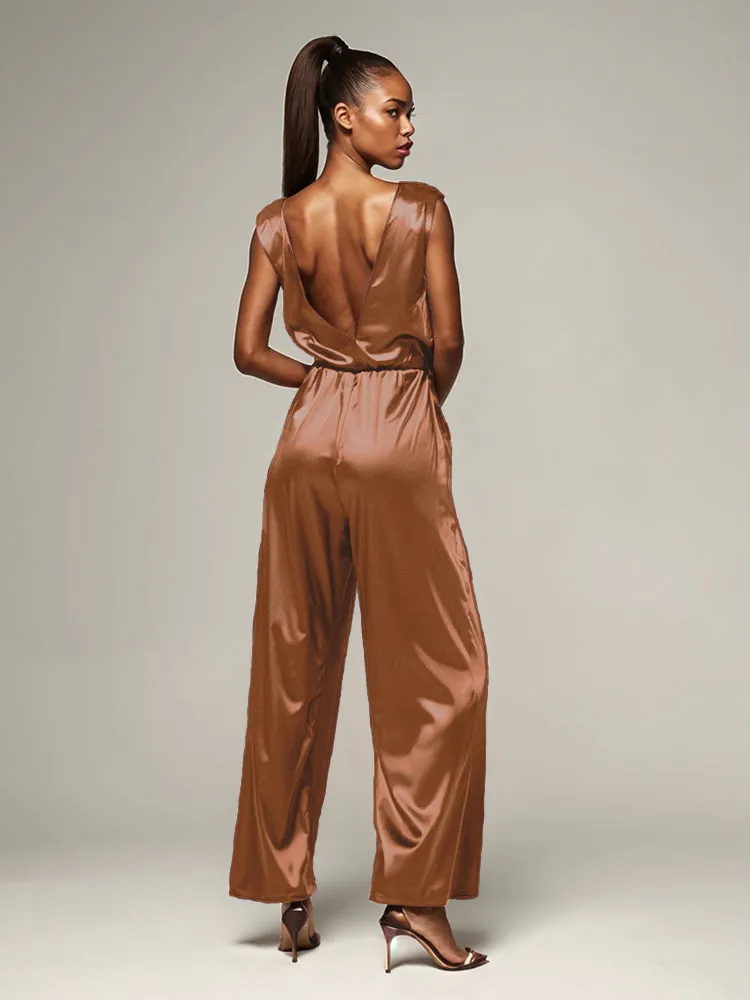 Jumpsuit/Pantsuit V-Neck Sleeveless Soft Satin Pleats Mother Of The Bride Dress Pants Suits With Belt