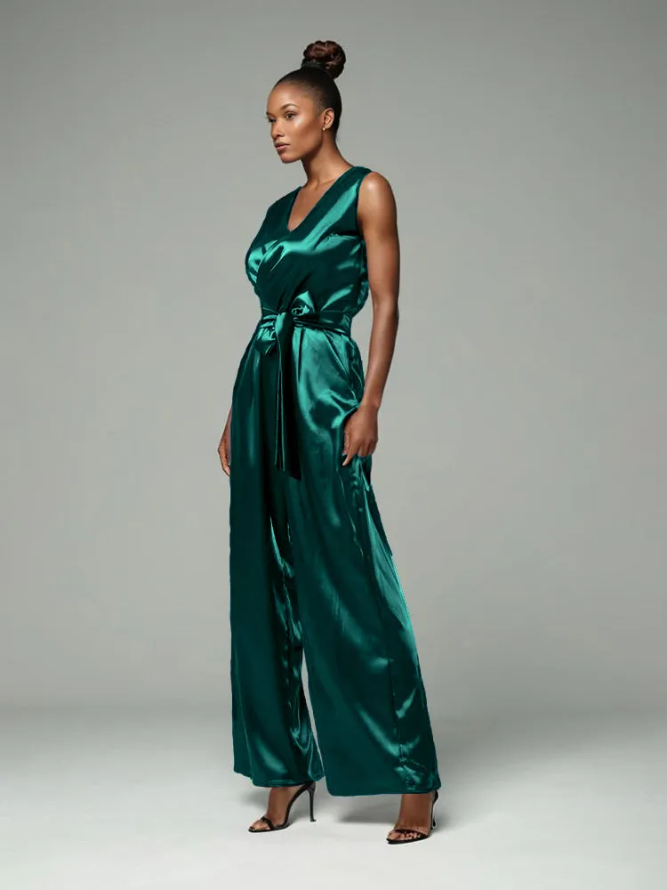 Jumpsuit/Pantsuit V-Neck Sleeveless Soft Satin Pleats Mother Of The Bride Dress Pants Suits With Belt