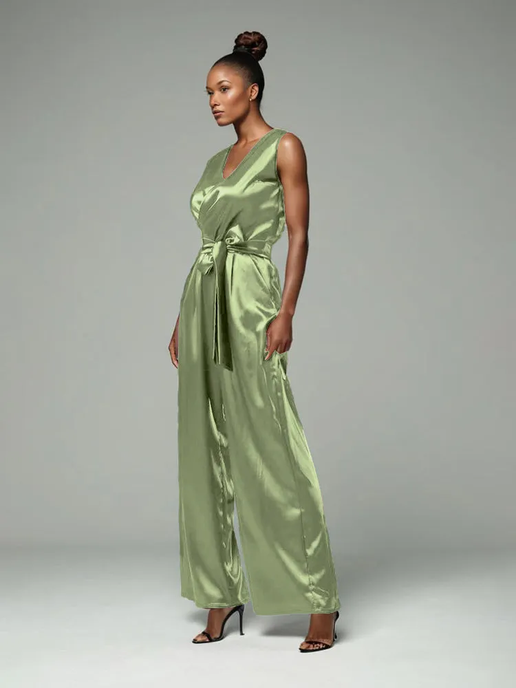 Jumpsuit/Pantsuit V-Neck Sleeveless Soft Satin Pleats Mother Of The Bride Dress Pants Suits With Belt