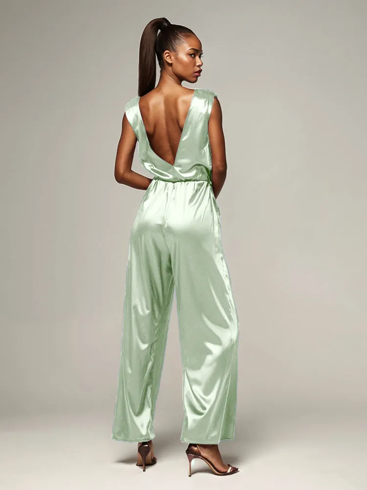 Jumpsuit/Pantsuit V-Neck Sleeveless Soft Satin Pleats Mother Of The Bride Dress Pants Suits With Belt