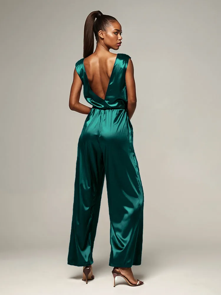 Jumpsuit/Pantsuit V-Neck Sleeveless Soft Satin Pleats Mother Of The Bride Dress Pants Suits With Belt