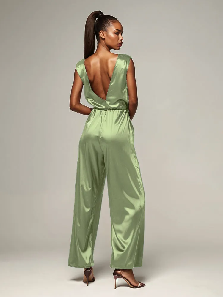 Jumpsuit/Pantsuit V-Neck Sleeveless Soft Satin Pleats Mother Of The Bride Dress Pants Suits With Belt