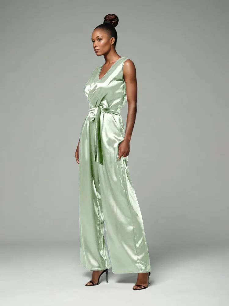 Jumpsuit/Pantsuit V-Neck Sleeveless Soft Satin Pleats Mother Of The Bride Dress Pants Suits With Belt