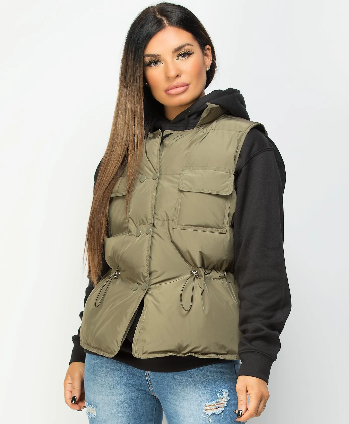 Khaki Drawstring Waist Quilted Gilet Bodywarmer