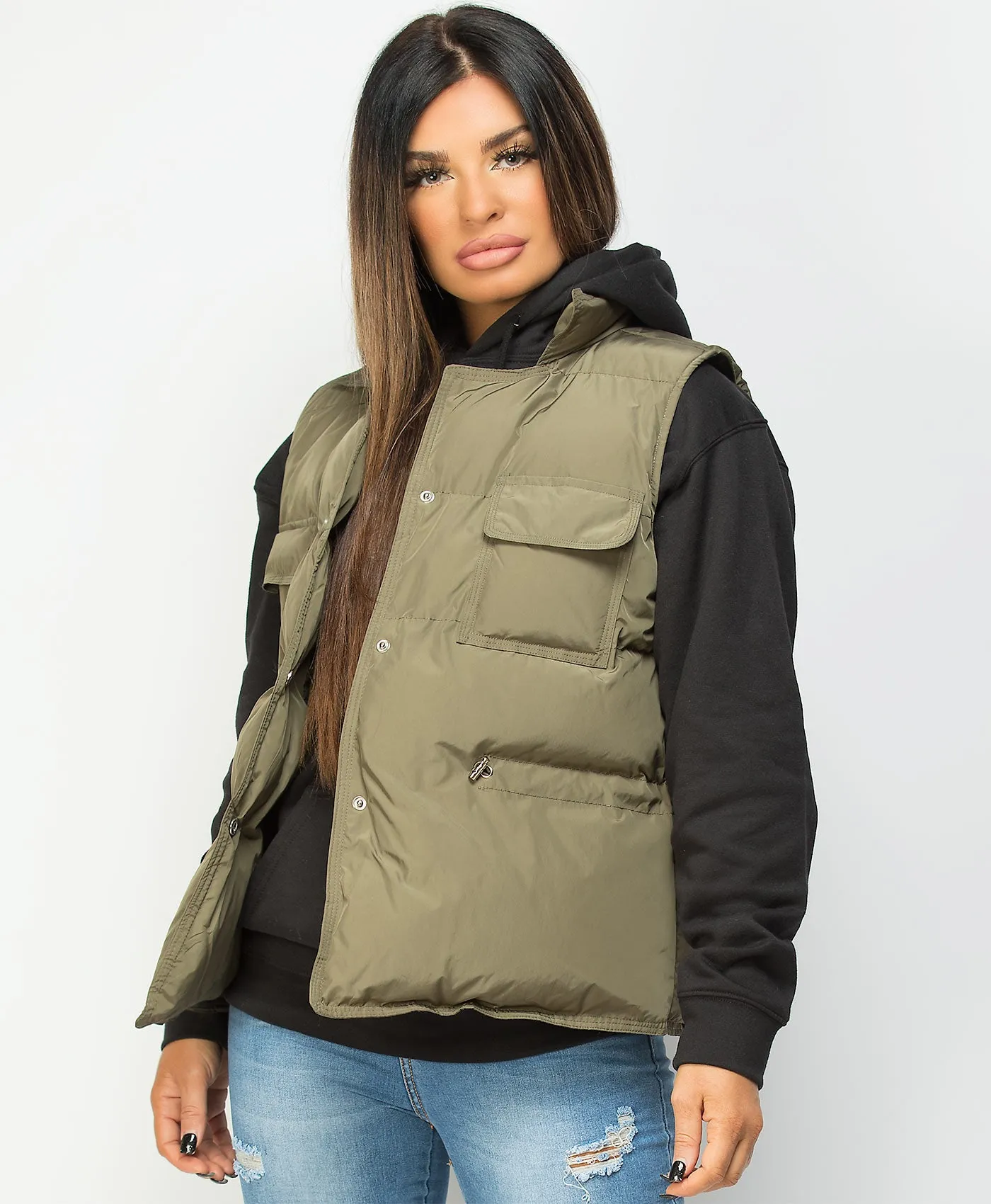 Khaki Drawstring Waist Quilted Gilet Bodywarmer