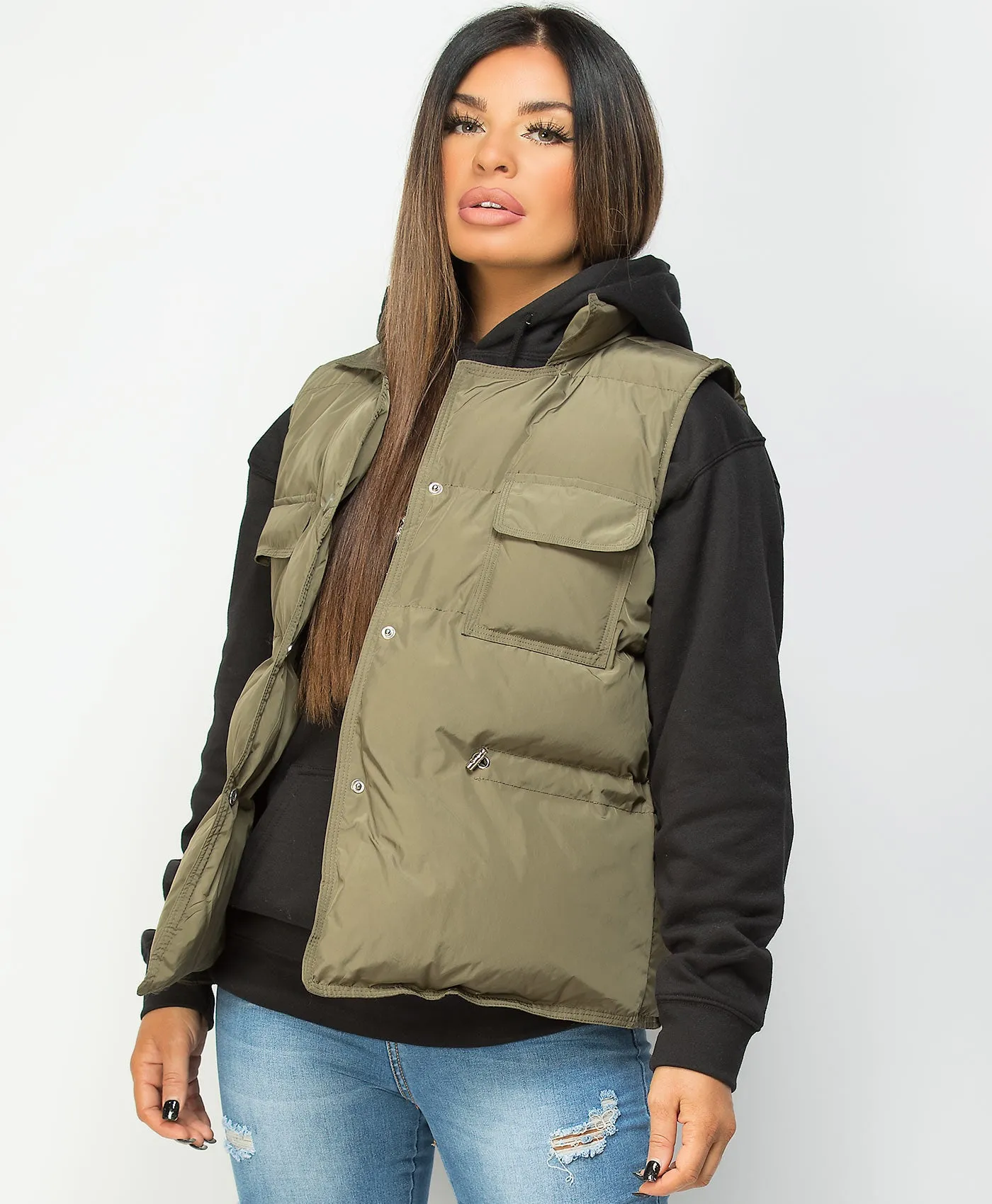 Khaki Drawstring Waist Quilted Gilet Bodywarmer