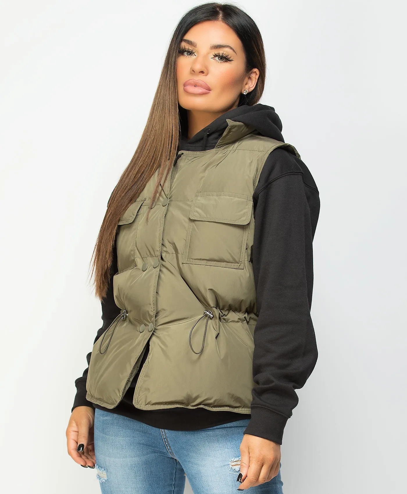 Khaki Drawstring Waist Quilted Gilet Bodywarmer