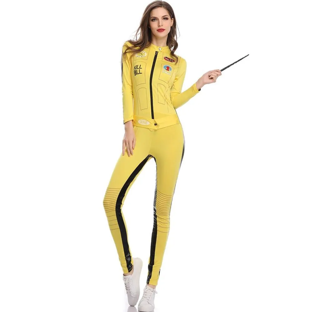 Kill Bill Cosplay Costume Yellow Bodycon Jumpsuit Motorcycle Night Club Racer Zentai Suits for Women