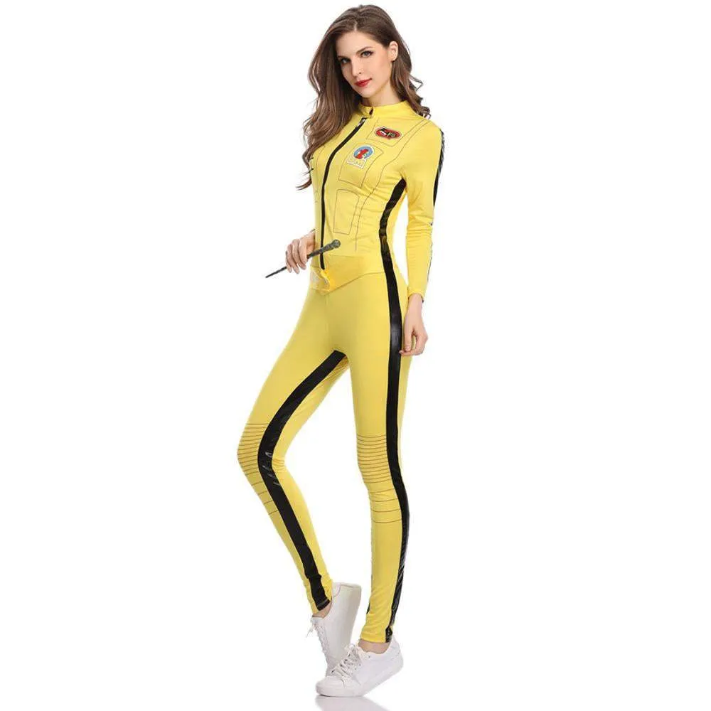 Kill Bill Cosplay Costume Yellow Bodycon Jumpsuit Motorcycle Night Club Racer Zentai Suits for Women