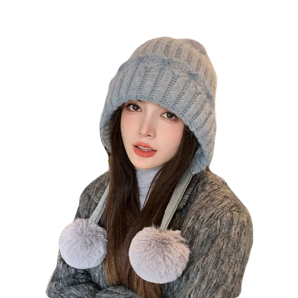 Knit Pom Pom Beanie Hat - Ear Flaps Watch Cap Winter Thick Cable Ski Hat YZ70239