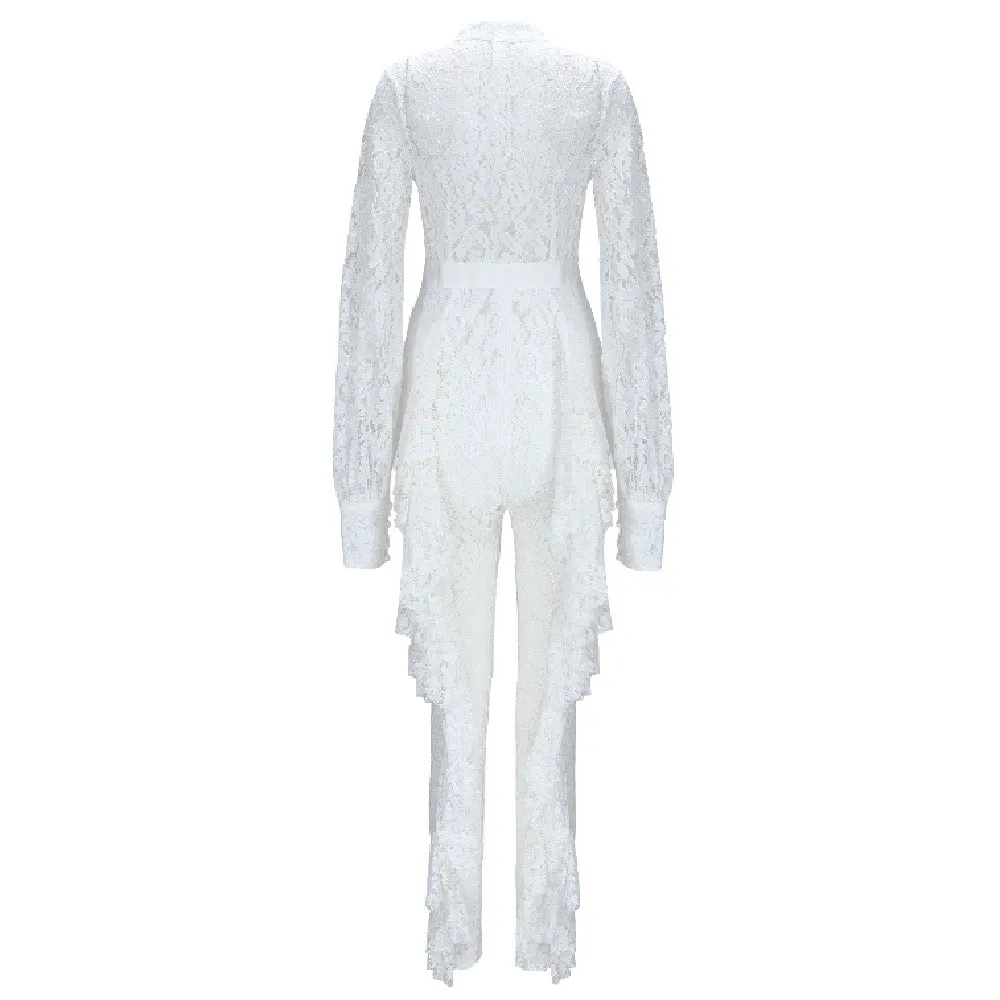 Lace Tie Jumpsuit Long Sleeved White Size S, M, L, XL