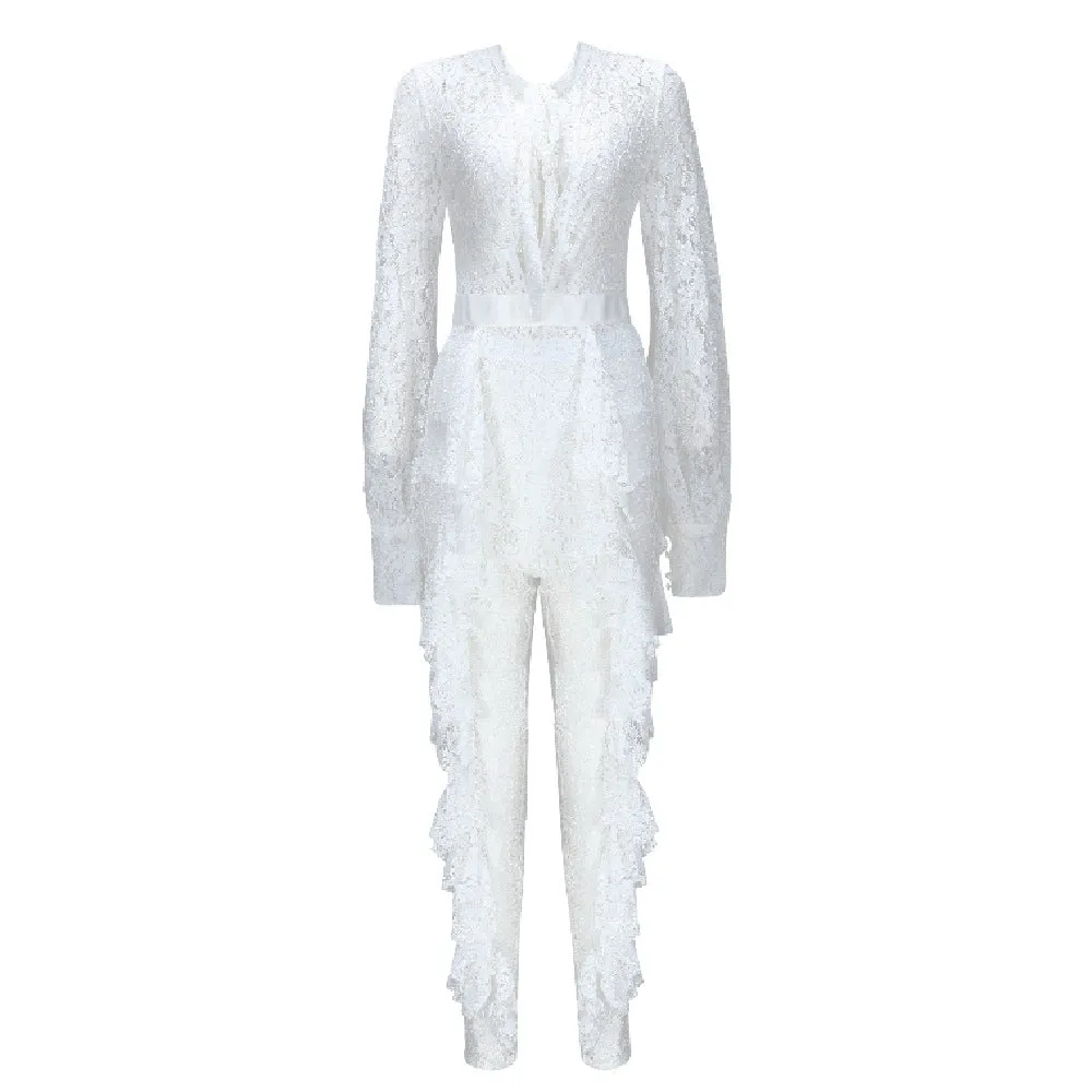 Lace Tie Jumpsuit Long Sleeved White Size S, M, L, XL