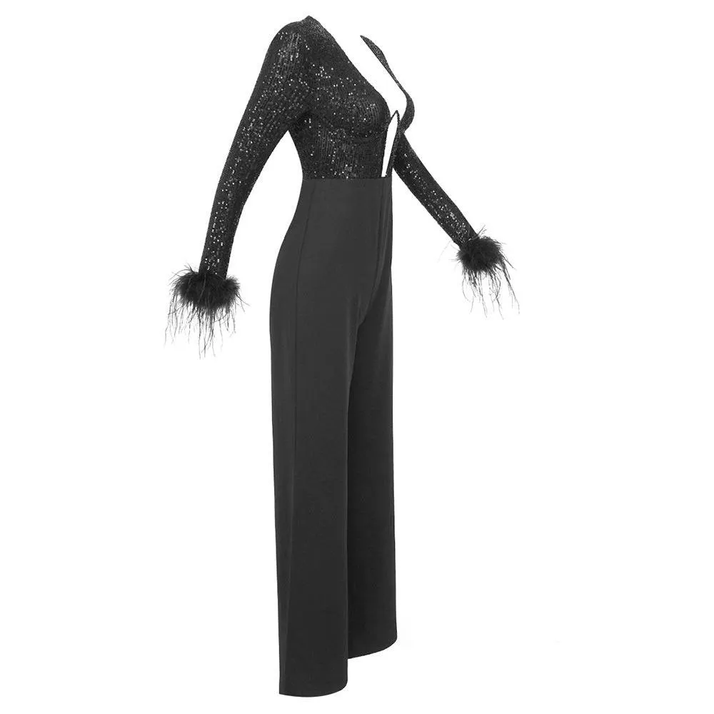 Laura Feathered Rhinestone Jumpsuit