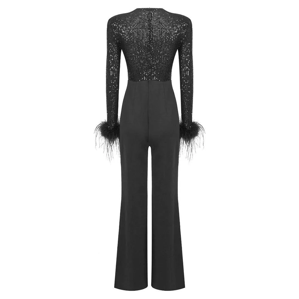 Laura Feathered Rhinestone Jumpsuit