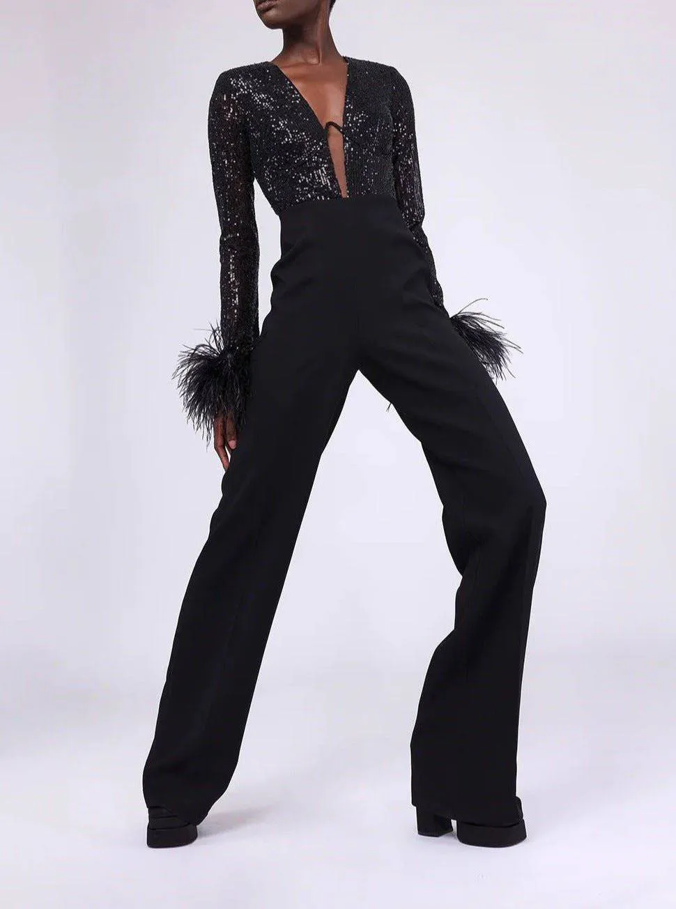 Laura Feathered Rhinestone Jumpsuit