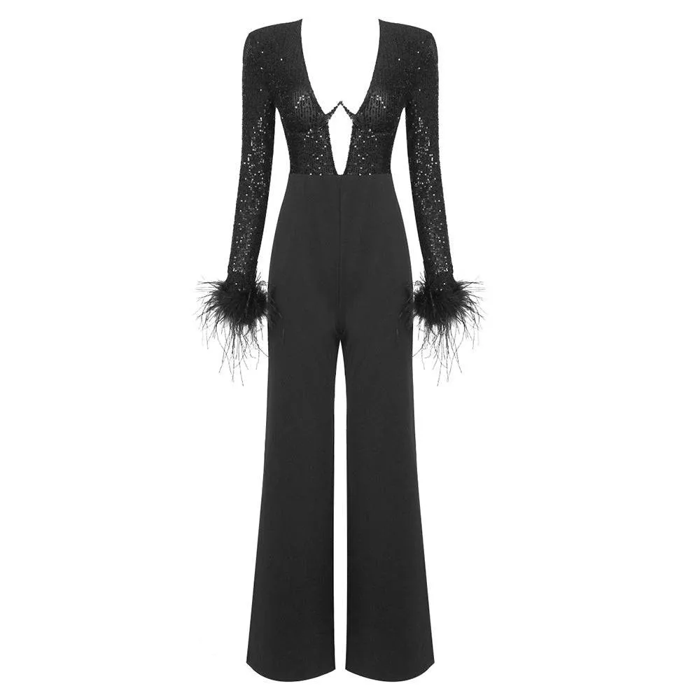 Laura Feathered Rhinestone Jumpsuit