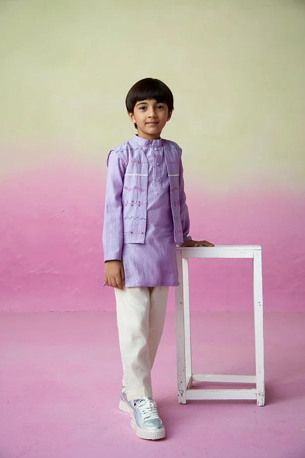 Lavender Skies- Digital Lavender Hand Embroidered Kurta Jacket & Pants Set for Boys