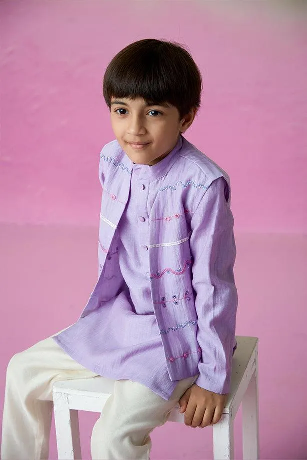 Lavender Skies- Digital Lavender Hand Embroidered Kurta Jacket & Pants Set for Boys