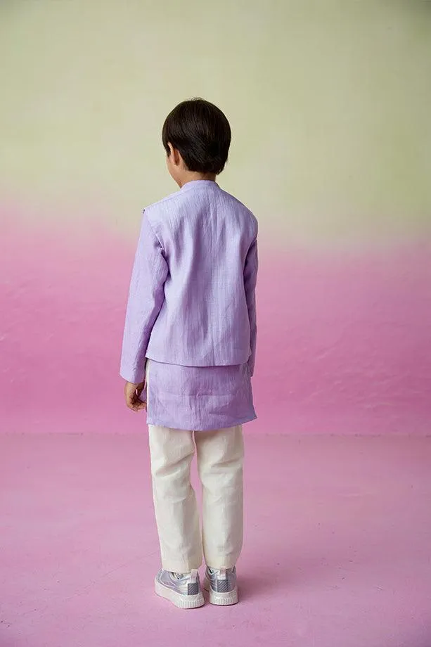 Lavender Skies- Digital Lavender Hand Embroidered Kurta Jacket & Pants Set for Boys