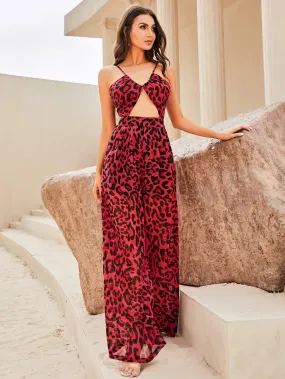 Leopard Cutout Spaghetti Strap Backless Jumpsuit