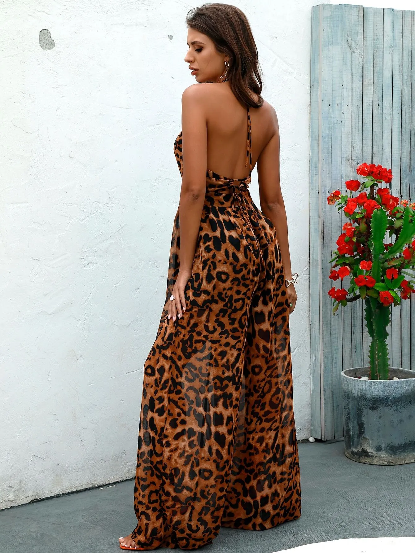 Leopard Cutout Spaghetti Strap Backless Jumpsuit