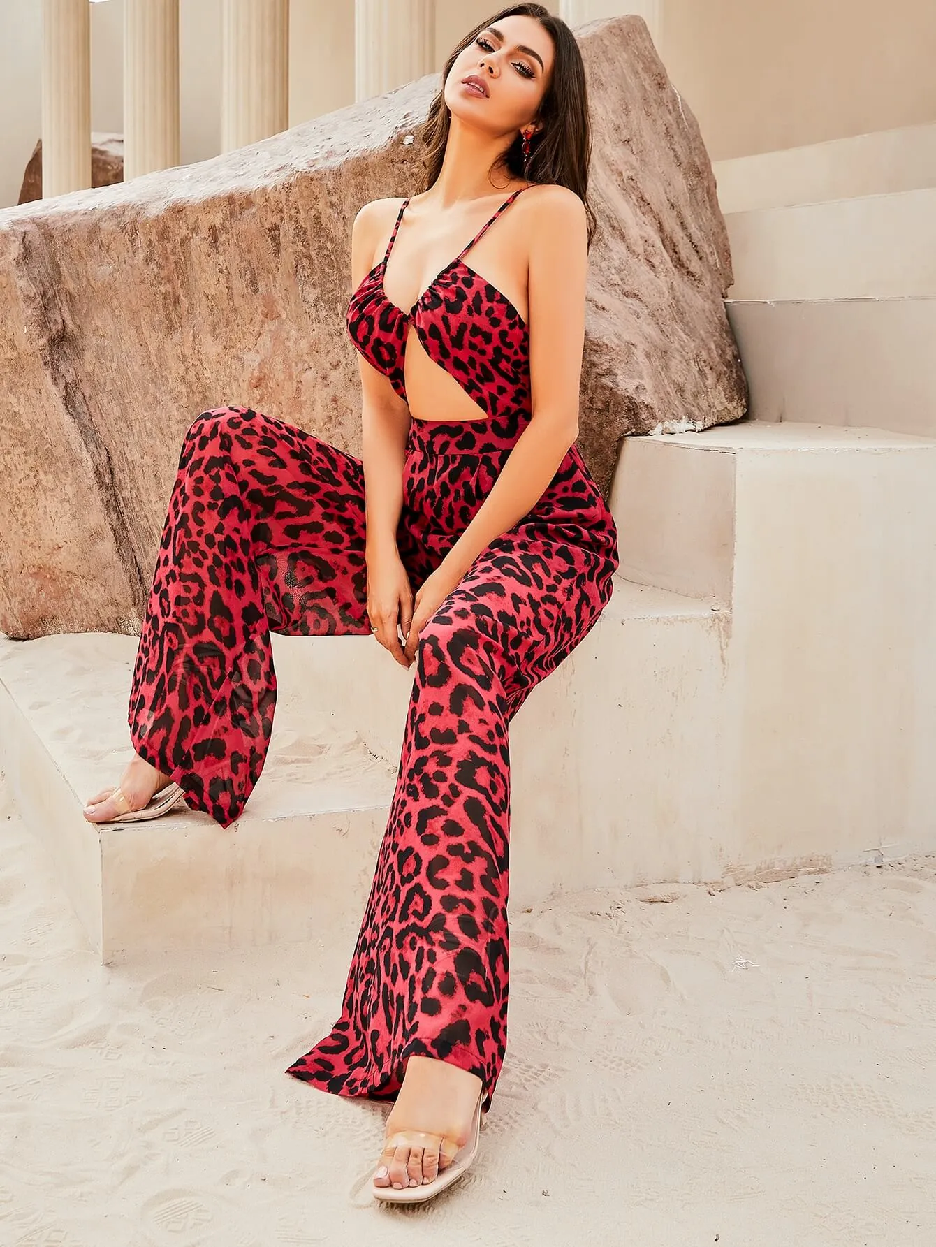 Leopard Cutout Spaghetti Strap Backless Jumpsuit