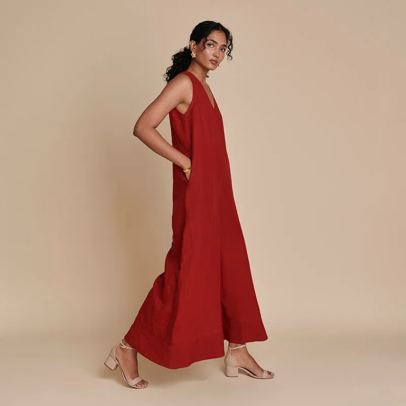 Linen Flared Jumpsuit | Flared Bottom | Red