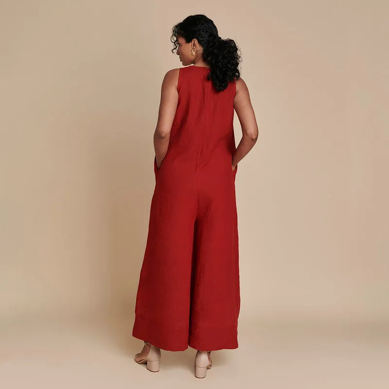 Linen Flared Jumpsuit | Flared Bottom | Red