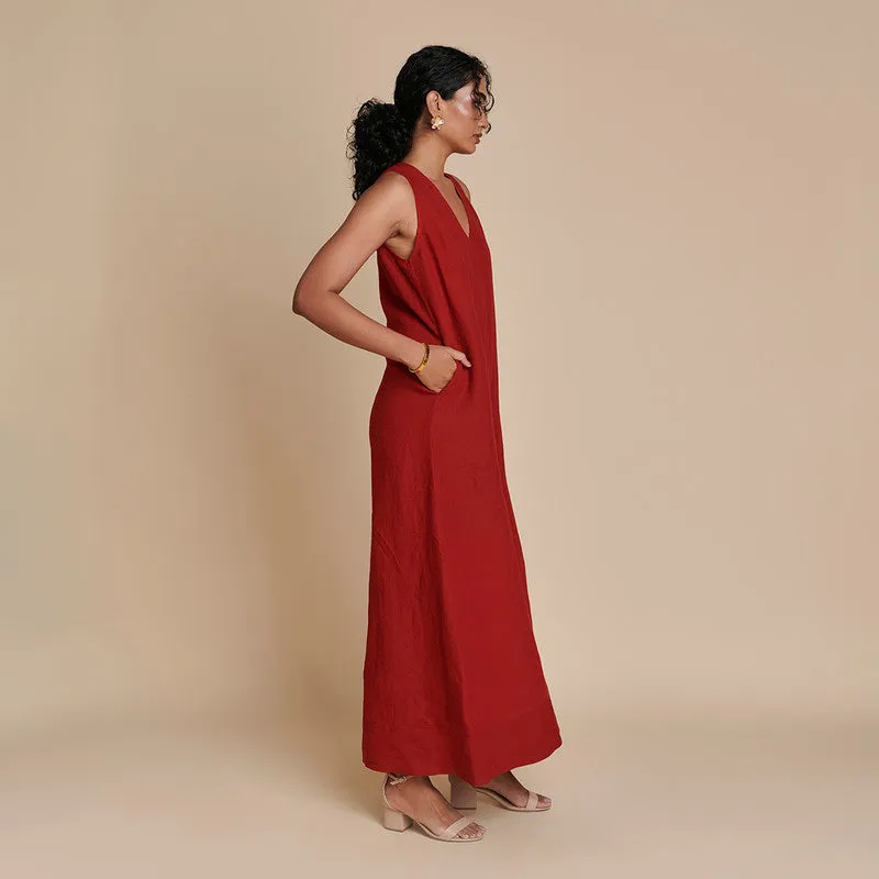 Linen Flared Jumpsuit | Flared Bottom | Red