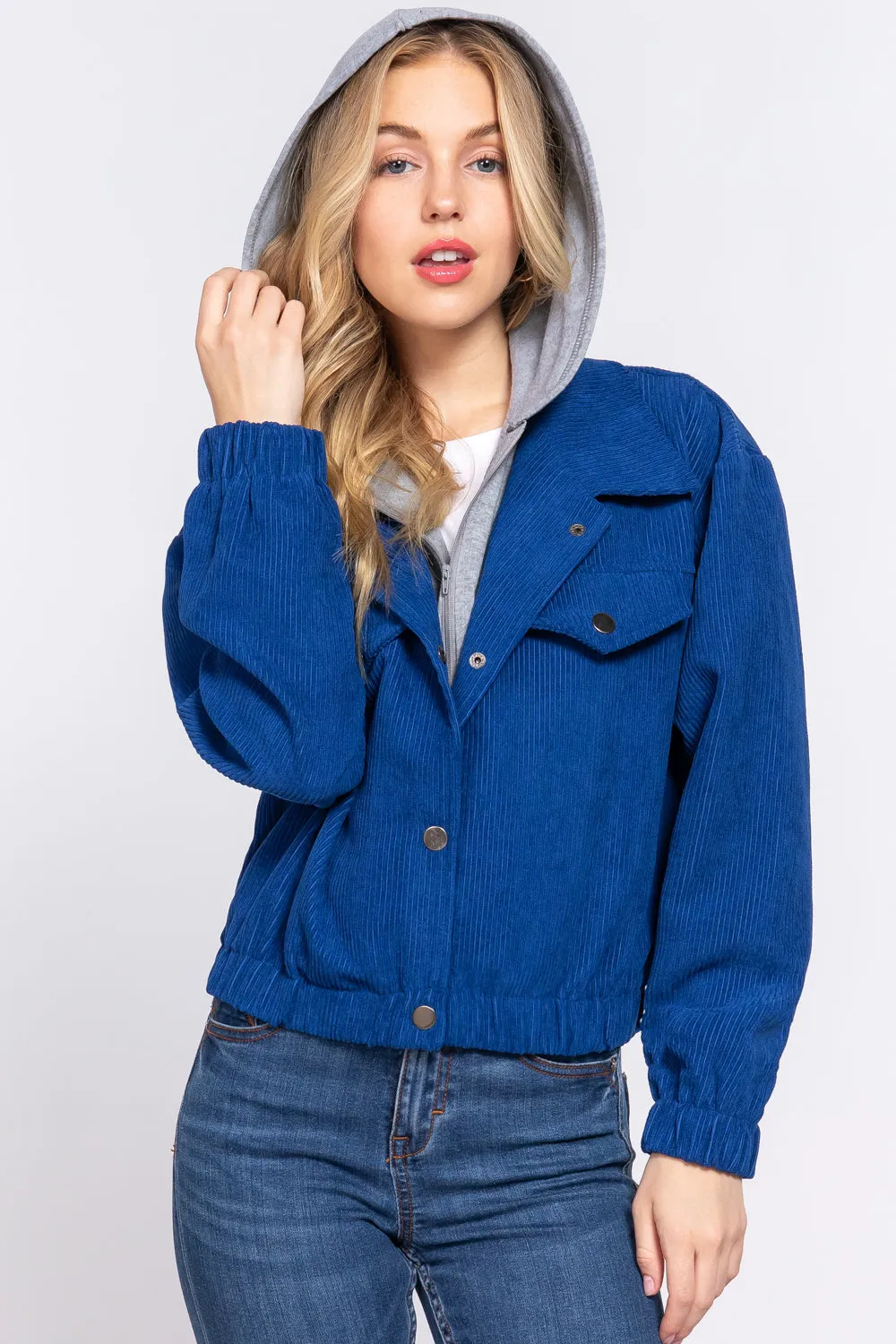 Long Slv Hooded Corduroy Jacket - 5 colors