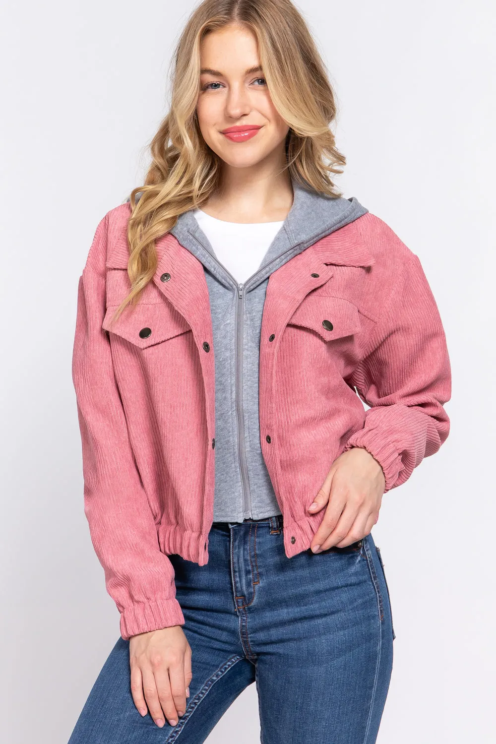 Long Slv Hooded Corduroy Jacket - 5 colors