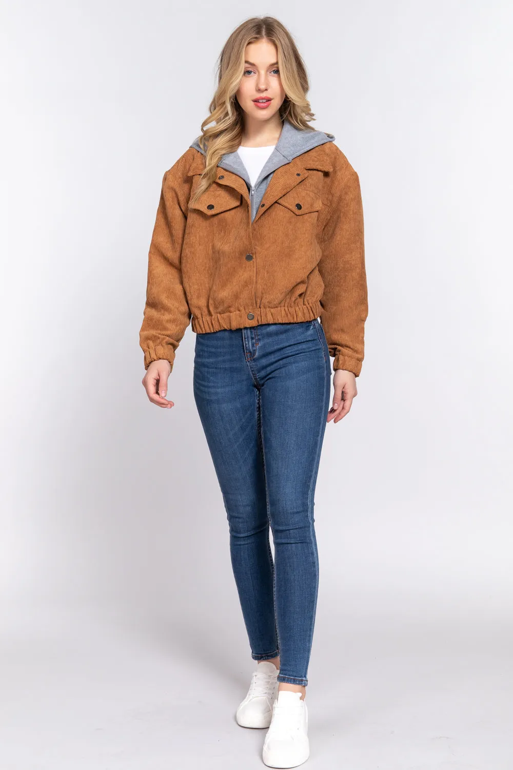 Long Slv Hooded Corduroy Jacket - 5 colors