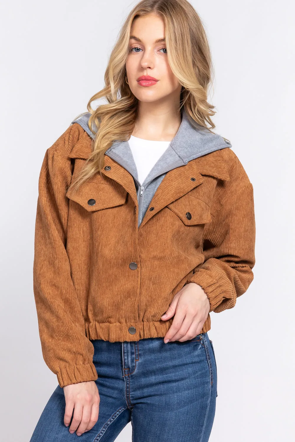 Long Slv Hooded Corduroy Jacket - 5 colors