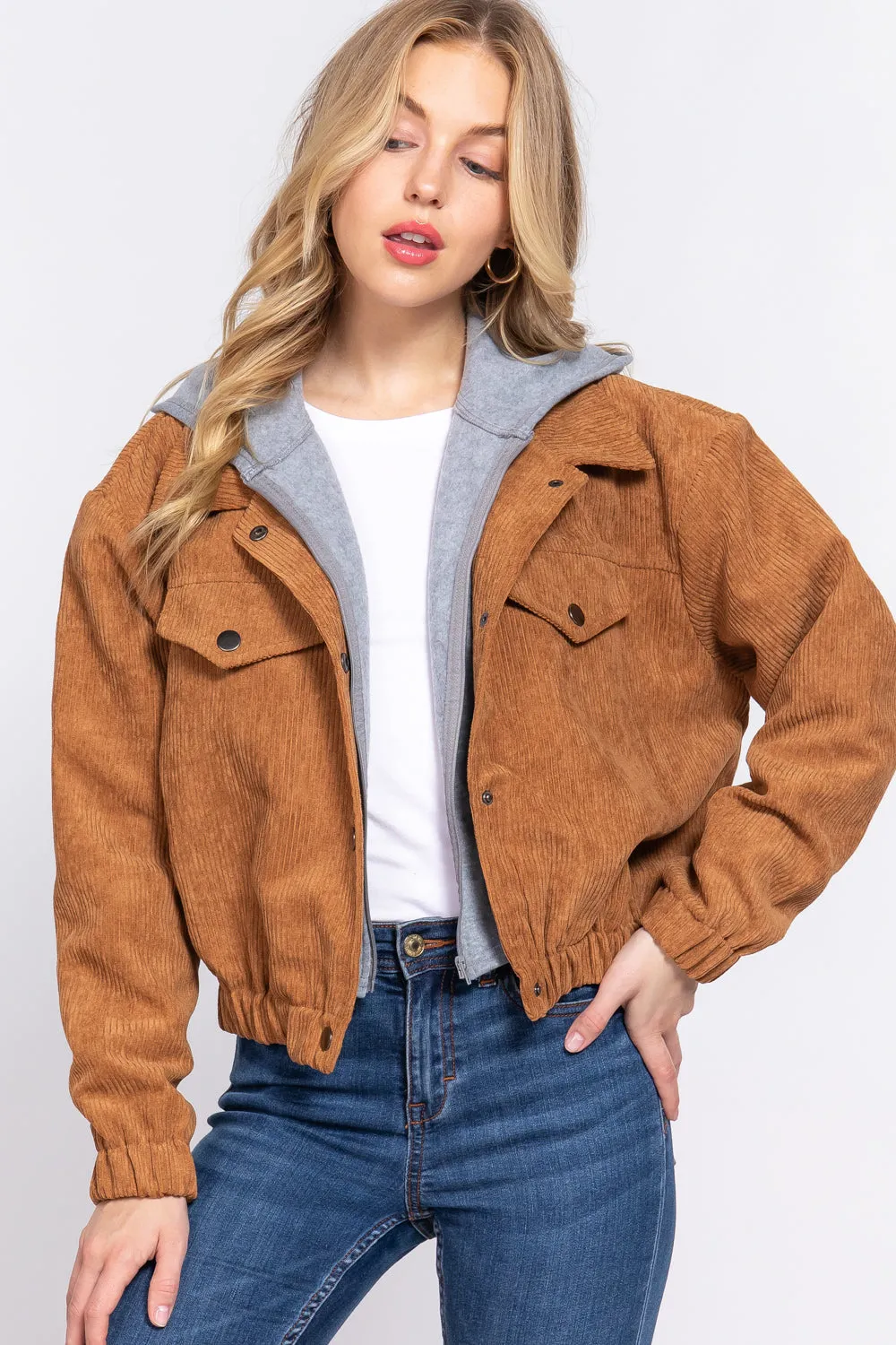 Long Slv Hooded Corduroy Jacket - 5 colors