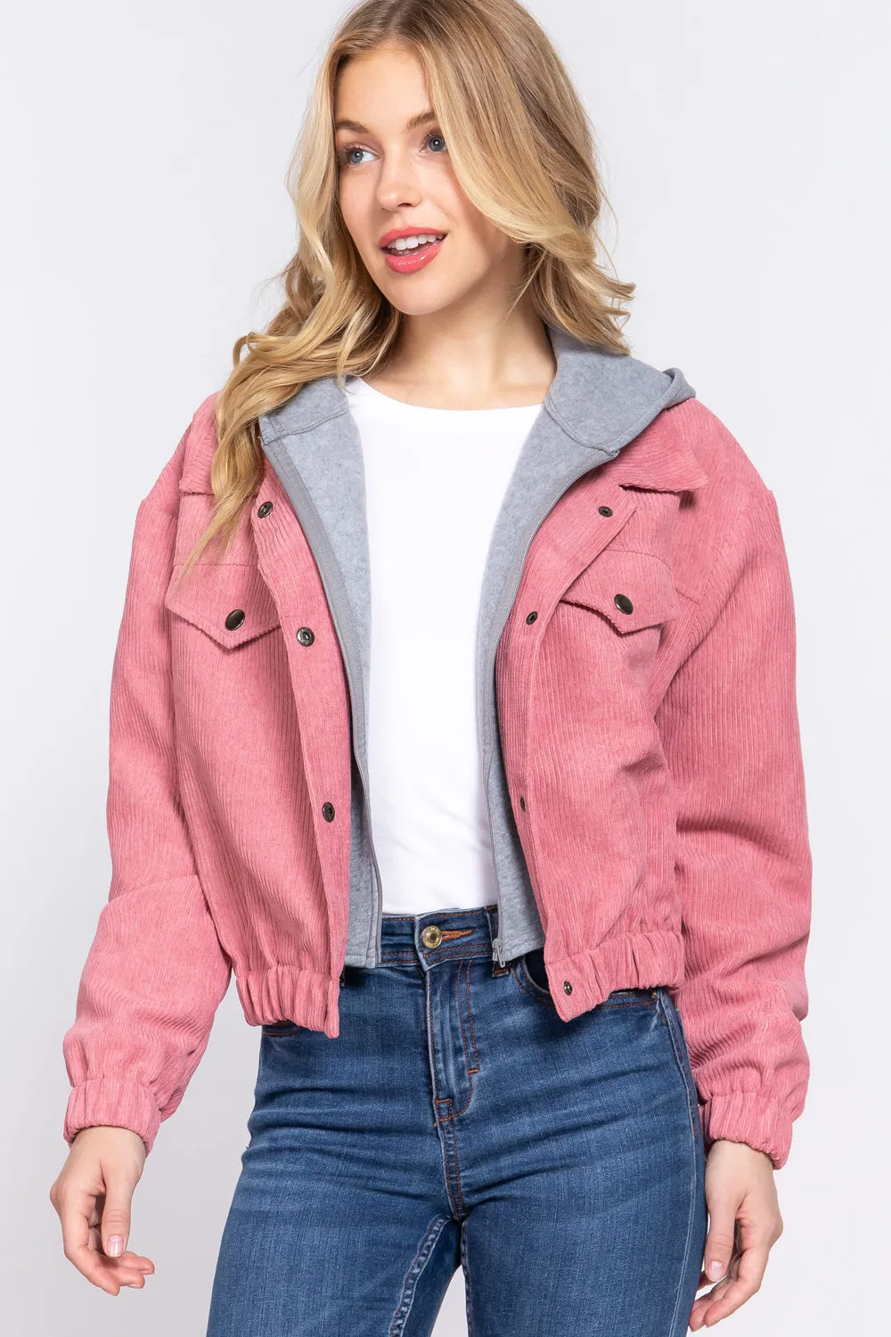 Long Slv Hooded Corduroy Jacket - 5 colors