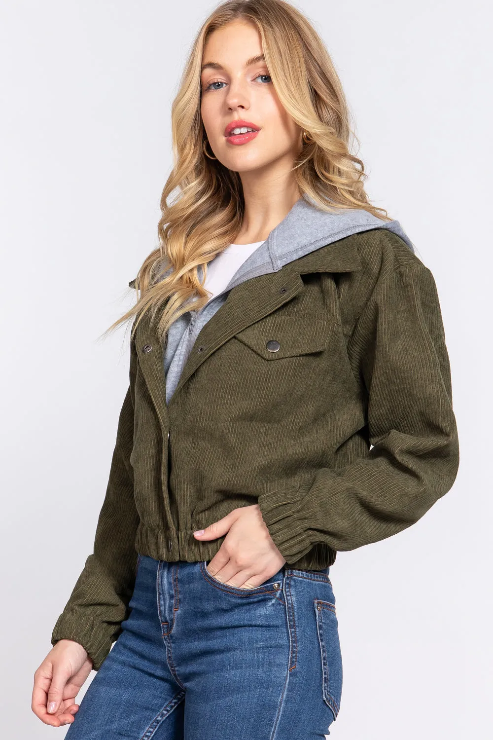 Long Slv Hooded Corduroy Jacket - 5 colors