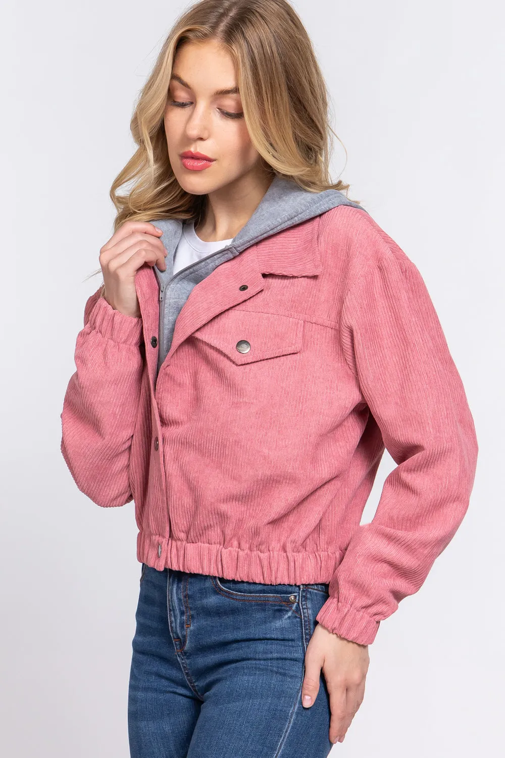 Long Slv Hooded Corduroy Jacket - 5 colors