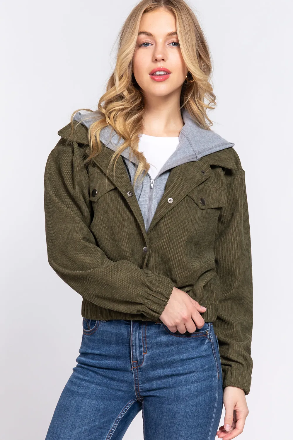 Long Slv Hooded Corduroy Jacket - 5 colors