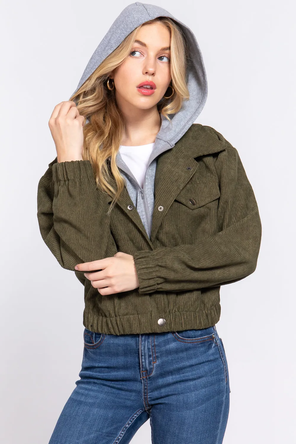 Long Slv Hooded Corduroy Jacket - 5 colors