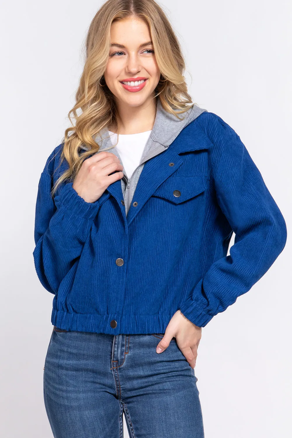 Long Slv Hooded Corduroy Jacket - 5 colors