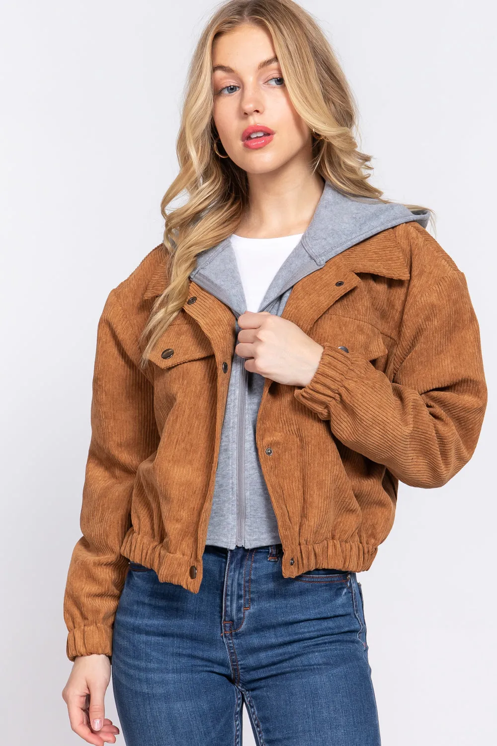 Long Slv Hooded Corduroy Jacket - 5 colors