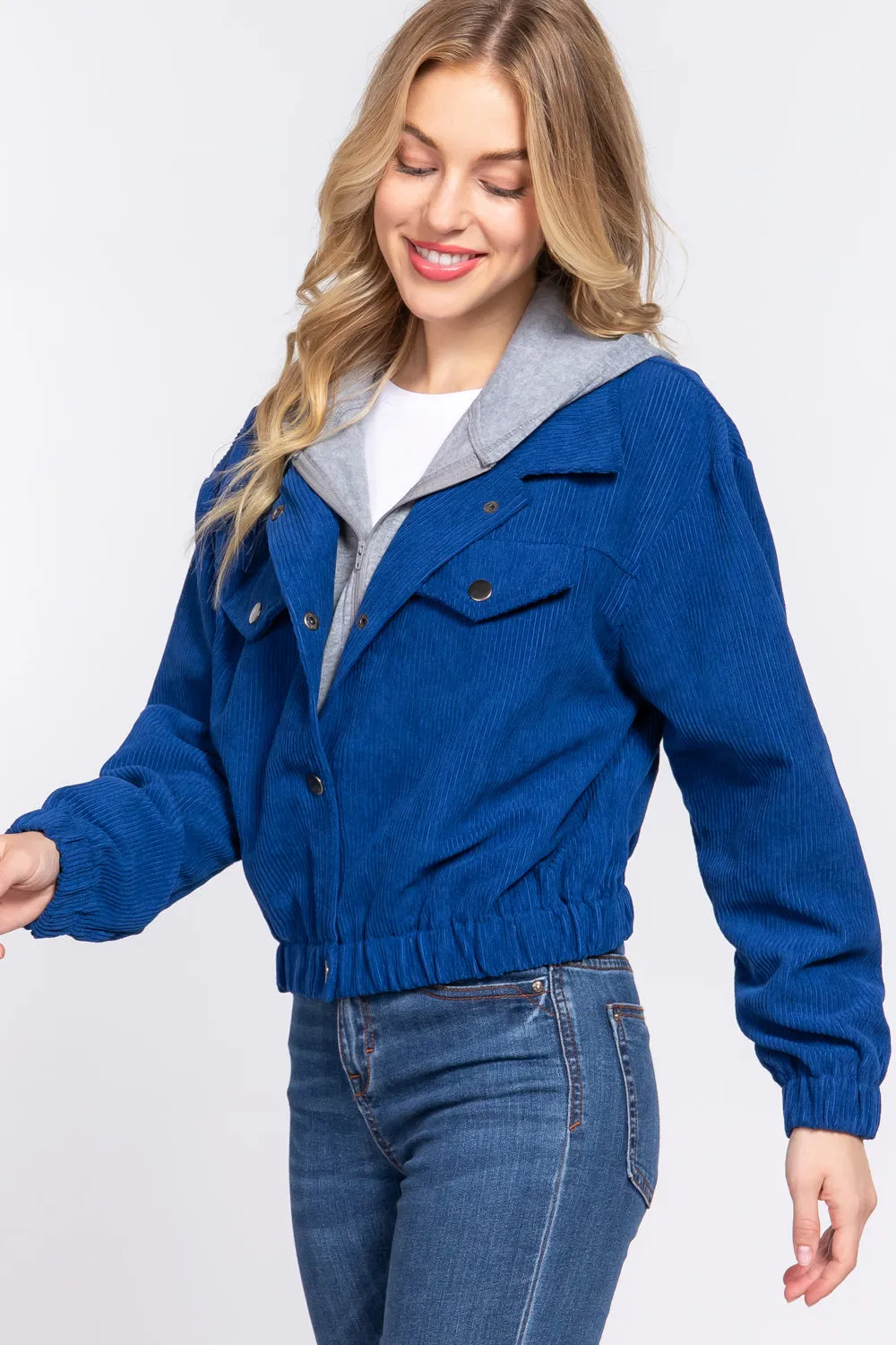 Long Slv Hooded Corduroy Jacket - 5 colors