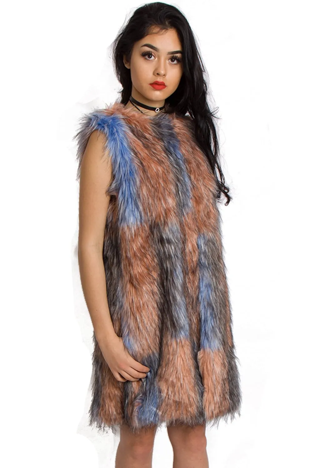 Longline Multi Colour Peach/Baby Blue Patchwork Faux Fur Gilet Waistcoat Jacket