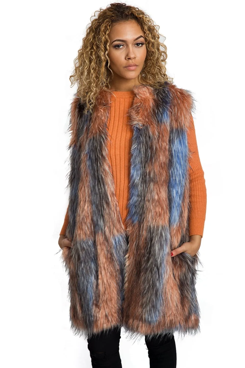 Longline Multi Colour Peach/Baby Blue Patchwork Faux Fur Gilet Waistcoat Jacket