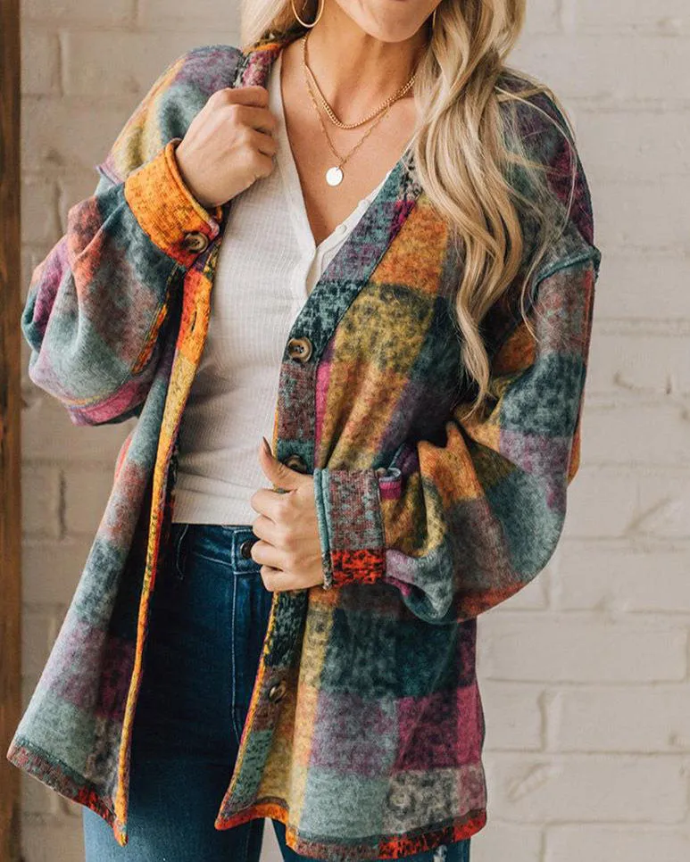 Loose multicolor plaid collarless jacket